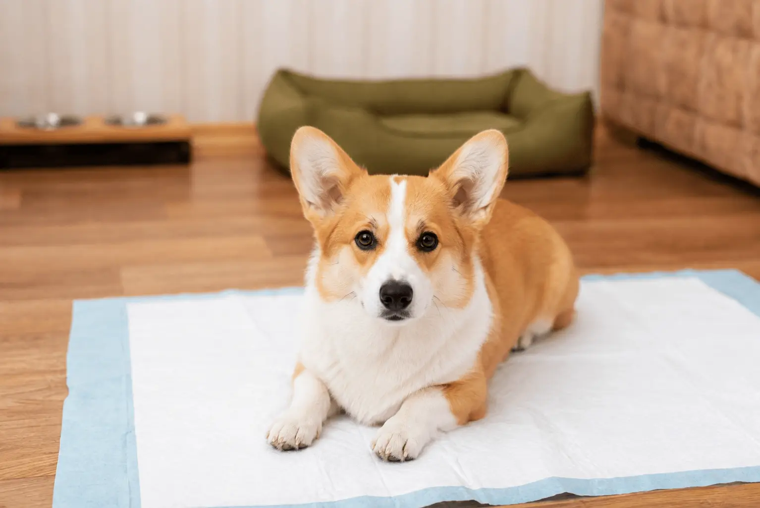 Corgi sitting on a puppy training pad indoors