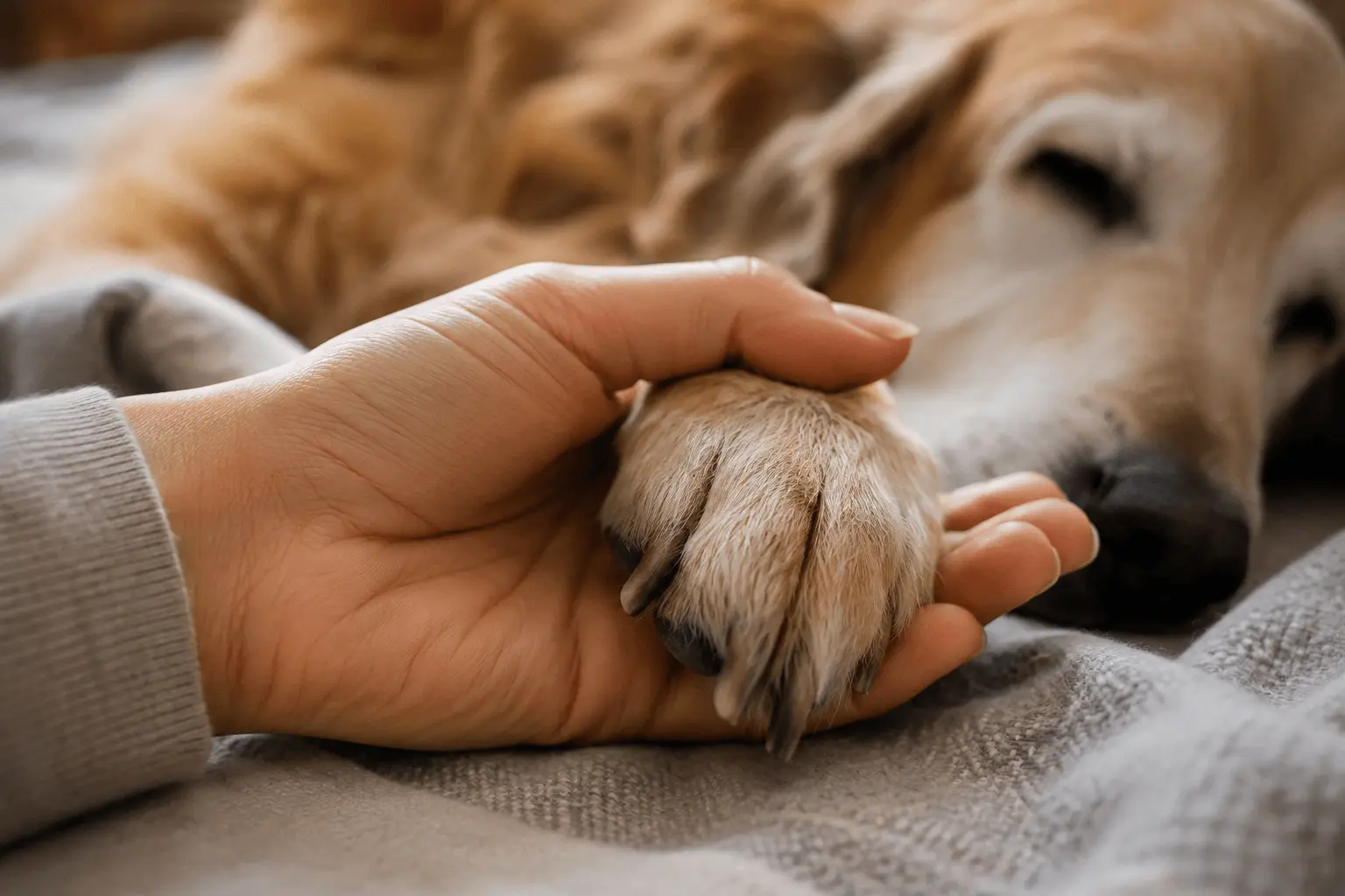 Owner gently holding their dog's paw during a compassionate pet end-of-life care visit.