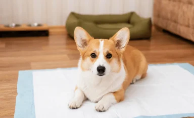 Corgi sitting on a puppy training pad indoors