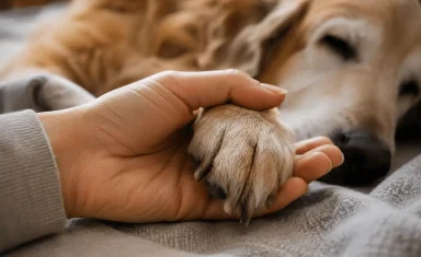 Owner gently holding their dog's paw during a compassionate pet end-of-life care visit.